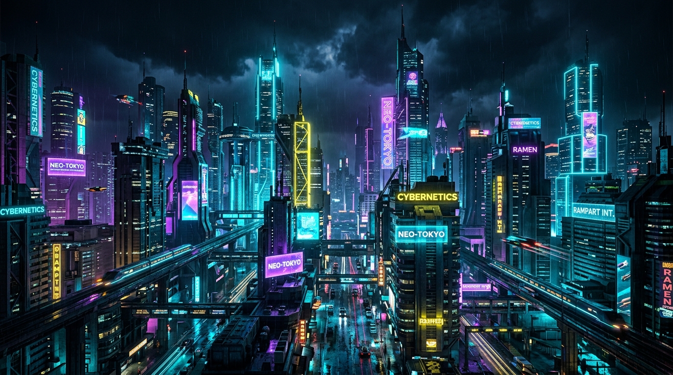 Neon cyberpunk city skyline